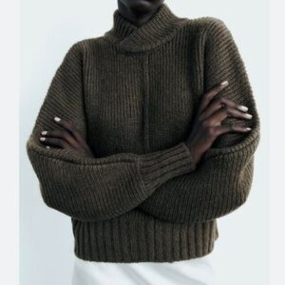 Zara Dark Olive Crossover Turtleneck Seamed Sweater Size Small - Picture 1 of 6